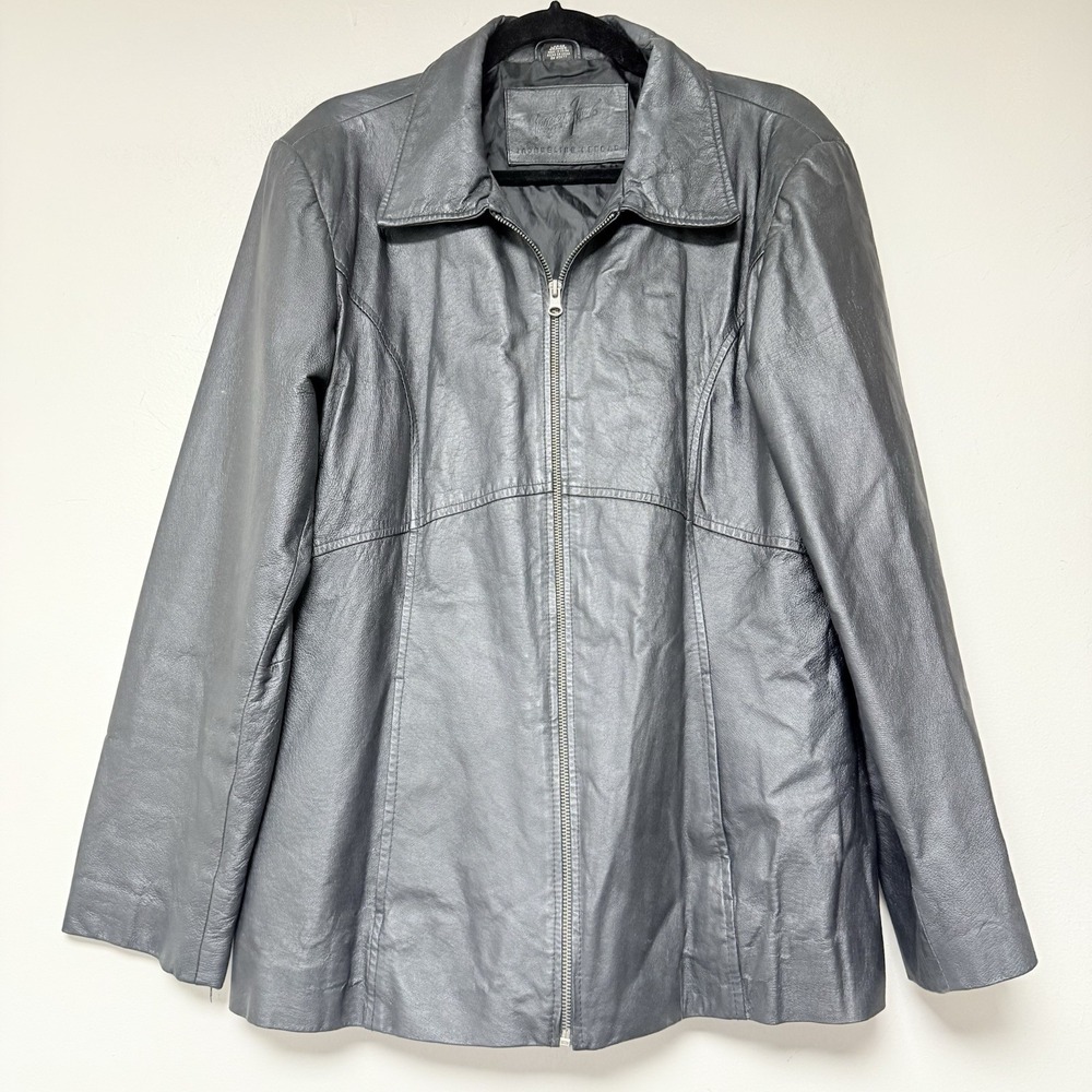 Jacqueline Ferrar Womens black Leather‎ Zip Front Jacket Size Large RN93677